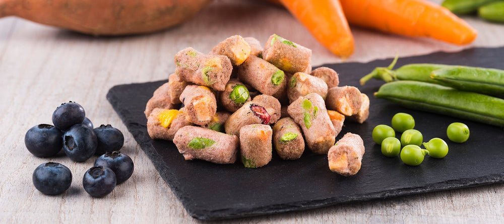 Norsh Natural Raw Freeze Dried Chicken & Vegetable treats on a slate surrounded by ingredients