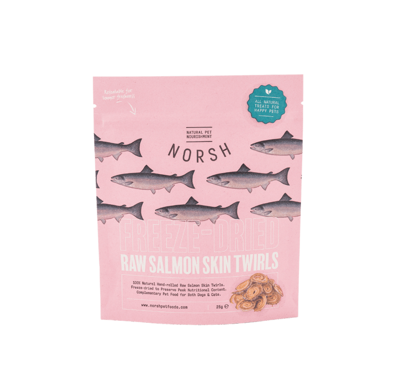 Natural Raw Freeze Dried Salmon Skin Twirls for cats and dogs Front of Pack