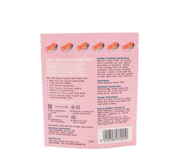 Natural Raw Freeze Dried Salmon Skin Twirls for cats and dogs back of pack information