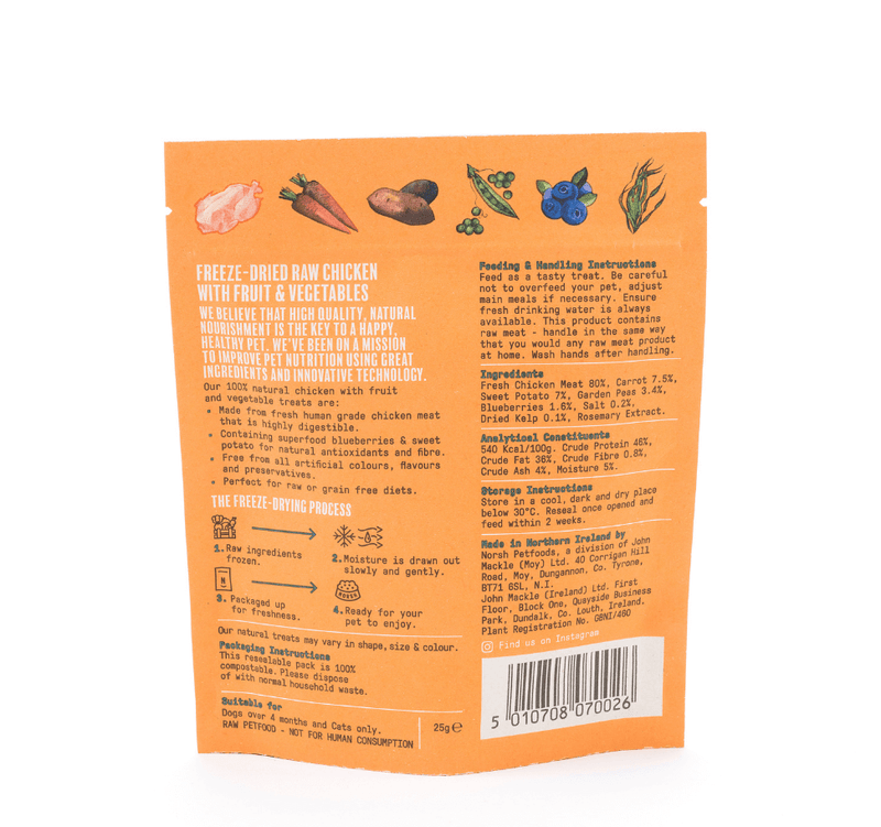 Natural Raw Freeze Dried Chicken with Fruit and Vegetables Back of Pack Information